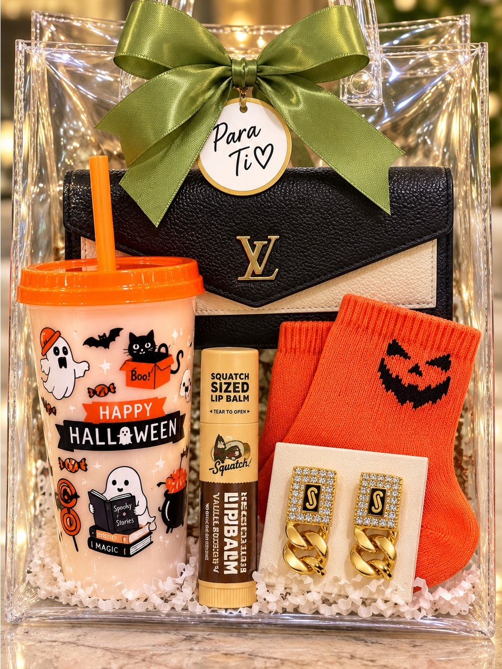 Halloween Gift Set with Black & Cream Wallet, Orange Tumbler & Socks